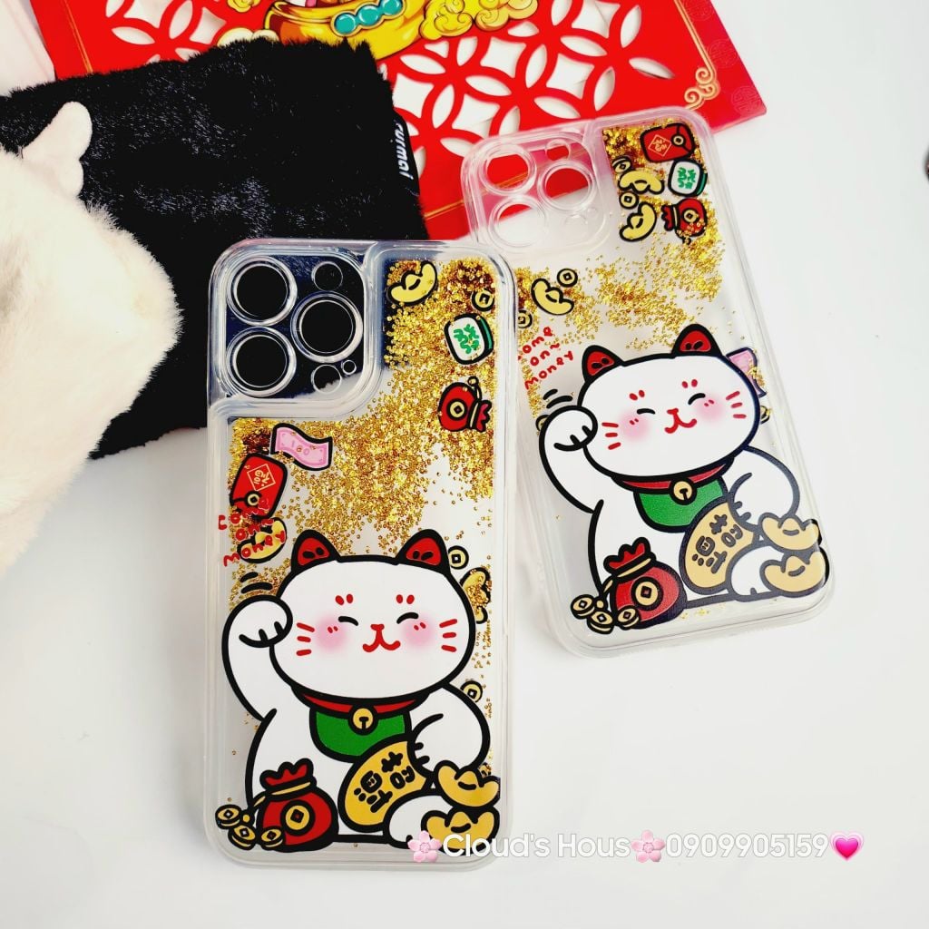 Case Ốp điện thoại iPhone Mèo May Mắn Nước Bling Bling iPhone 11/12/13/14/15/Pro/Promax - TẾT