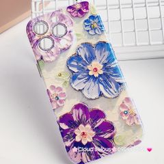 Case Ốp điện thoại iPhone Hoa Hologram nền xanh lá viền nhám bảo vệ cụm camera đính đá iPhone 11/12/13/14/15/Pro/Promax