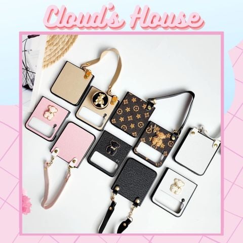 Case Ốp điện thoại Samsung Z Flip Chất Da đính Charm sang chảnh Samsung Z Flip 3/4 ( có dây cầm tay)