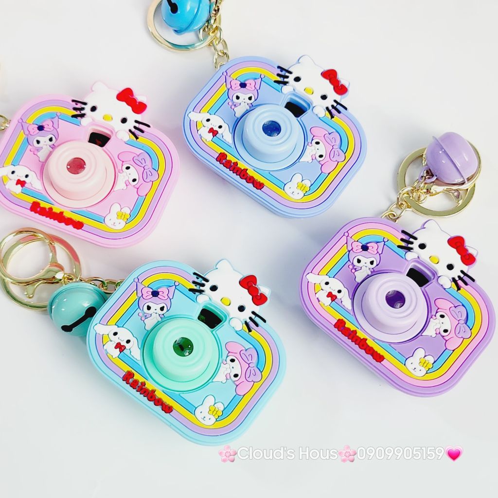 Móc Khóa Máy Ảnh Vuông Hello Kitty Rainbow Có đèn