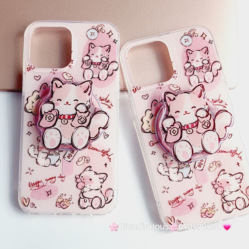 Case Ốp điện thoại iPhone Mèo Hồng May Mắn Kèm Popsocket Magsafe Nam Châm iPhone 11/12/13/14/15/Pro/Promax