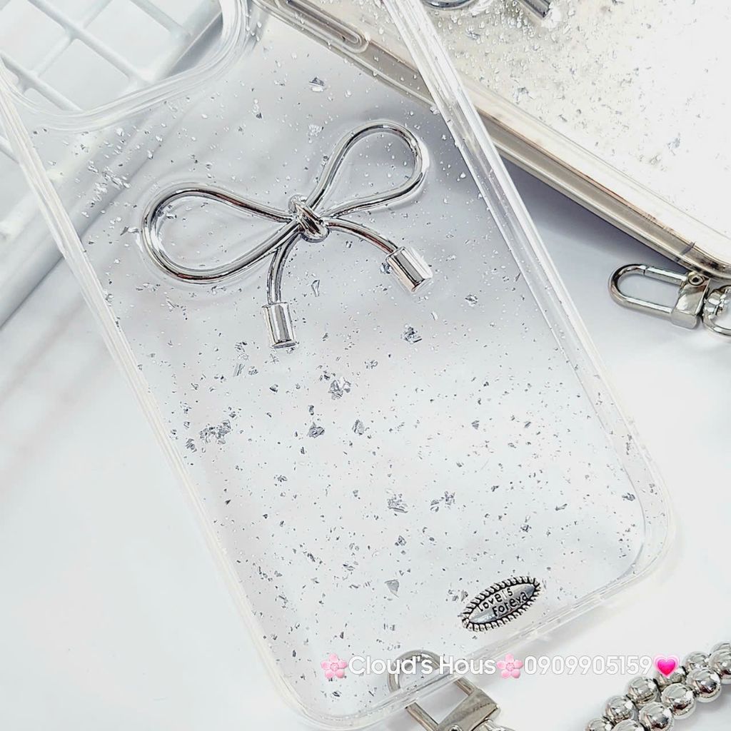 Case Ốp điện thoại iPhone Nơ Bạc Trong Bling Bling iPhone 12/13/14/15/Plus/Pro/Promax