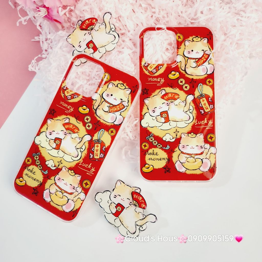 Case Ốp điện thoại iPhone Mèo May Mắn Good Luck Tết Kèm Popsocket Nam Châm iPhone 11/12/13/14/15/Pro/Promax