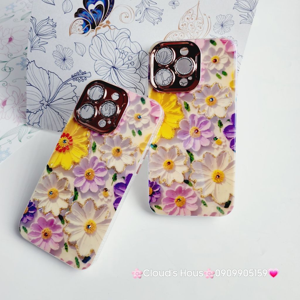 Case Ốp điện thoại iPhone Hoa Hologram nền trắng hoa ngũ sắc viền nhám bảo vệ cụm camera đính đá iPhone 11/12/13/14/15/Pro/Promax