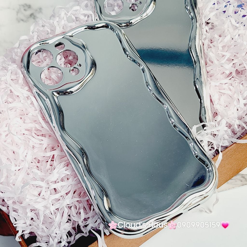 Case Ốp điện thoại iPhone Gương ánh bạc viền gợn sóng iPhone X/XSM/11/12/13/14/15/Pro/Promax