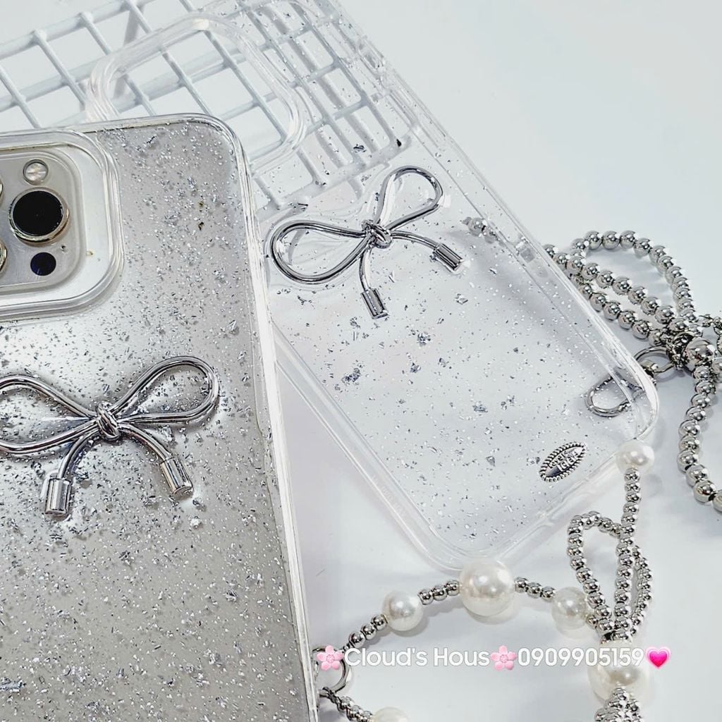 Case Ốp điện thoại iPhone Nơ Bạc Trong Bling Bling iPhone 12/13/14/15/Plus/Pro/Promax