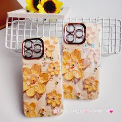Case Ốp điện thoại iPhone Hoa To Hologram Nền Vàng Viền Camera đính đá Classic 11/12/13/14/15/Pro/Plus/Promax