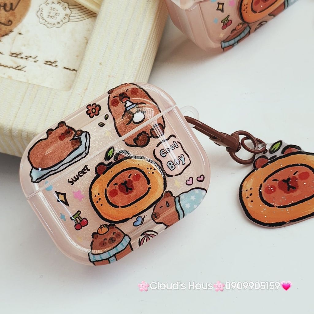 Cover Case Vỏ bảo vệ Airpod Chuột Capybara 3D Nổi Bóng kèm charm Airpod 1/2/3/Pro/Pro2