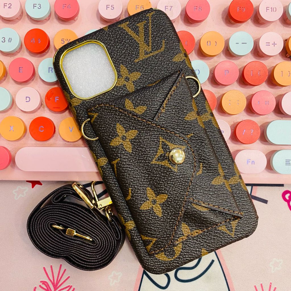 Case Ốp điện thoại iPhone LV da đựng thẻ kèm dây sang chảnh