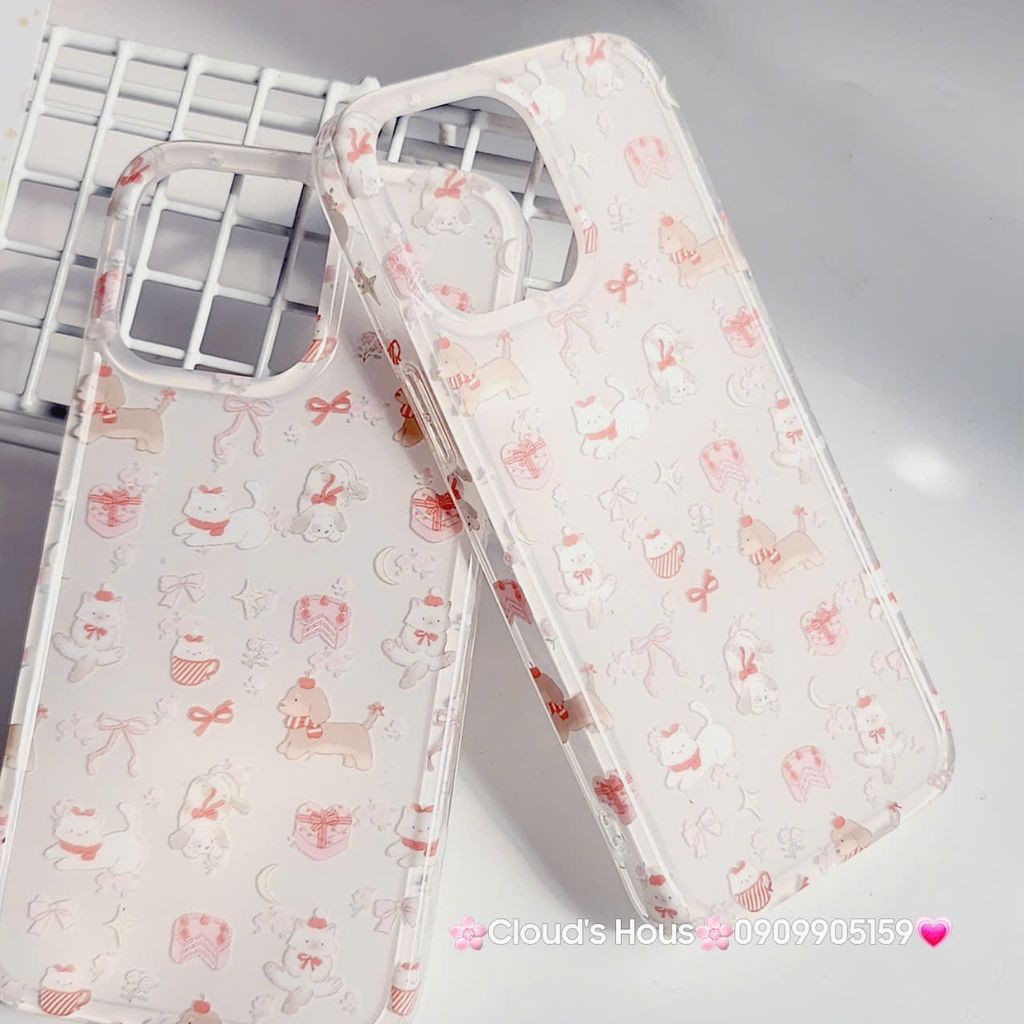Case Ốp điện thoại iPhone Mèo Chó Nơ Đỏ Sticker Dễ Thương Nền Trắng iPhone 11/12/13/14/15/Pro/Promax