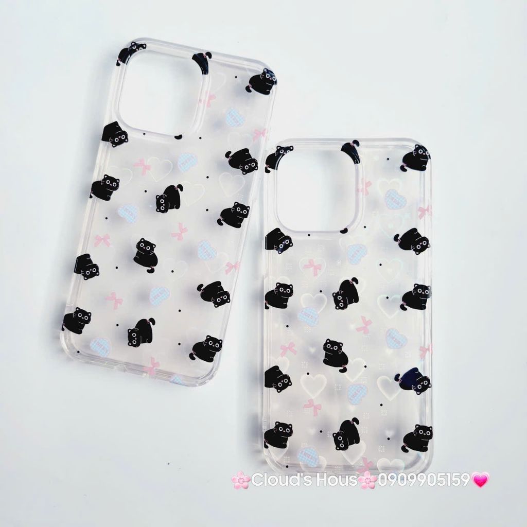 Case Ốp điện thoại iPhone Trong Mèo Đen Nền Tim Hologram iPhone 12/13/14/15/Pro/Promax