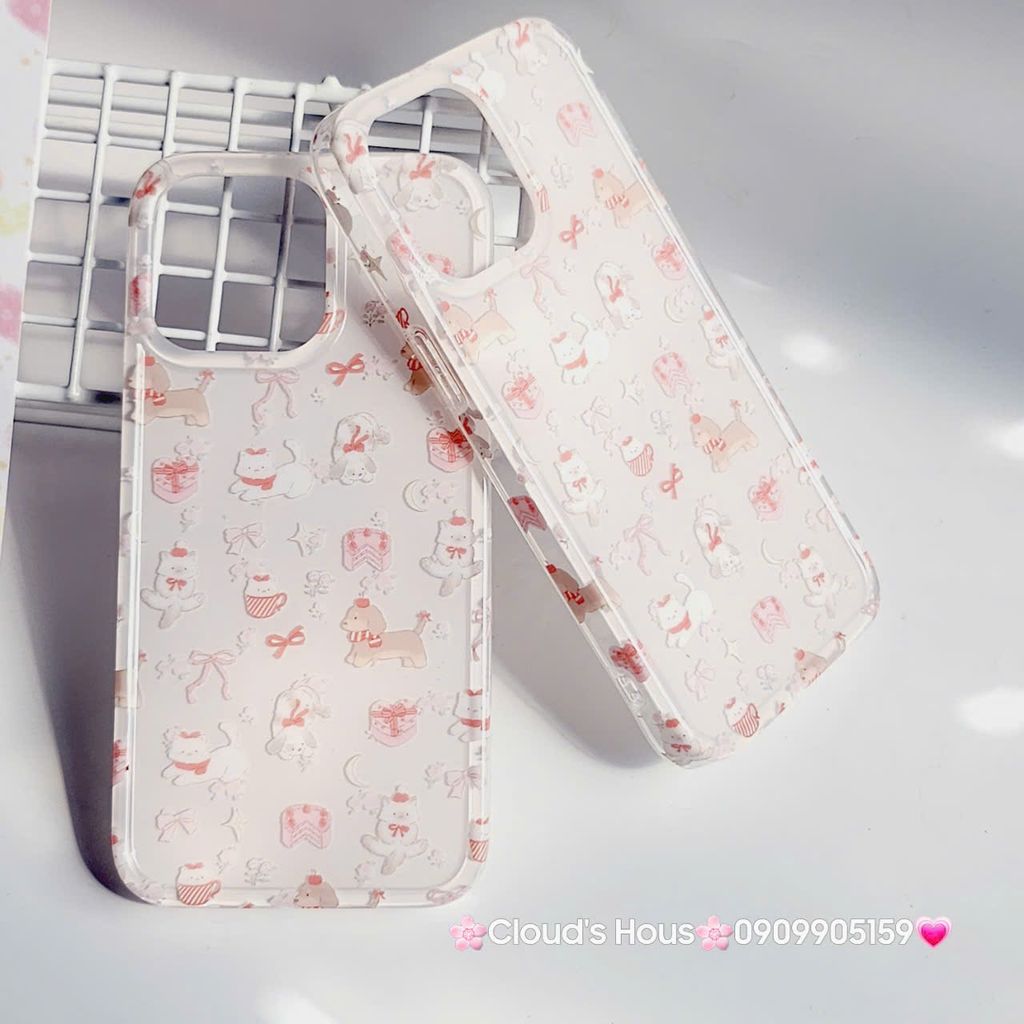 Case Ốp điện thoại iPhone Mèo Chó Nơ Đỏ Sticker Dễ Thương Nền Trắng iPhone 11/12/13/14/15/Pro/Promax