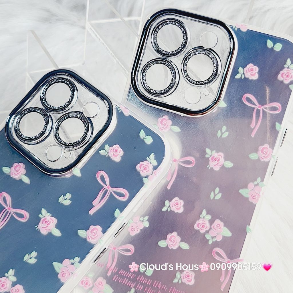 Case Ốp điện thoại iPhone Gương Nơ Hoa Camera đính đá kèm bảo vệ camera hologram iPhone 11/12/13/14/15/Pro/Promax