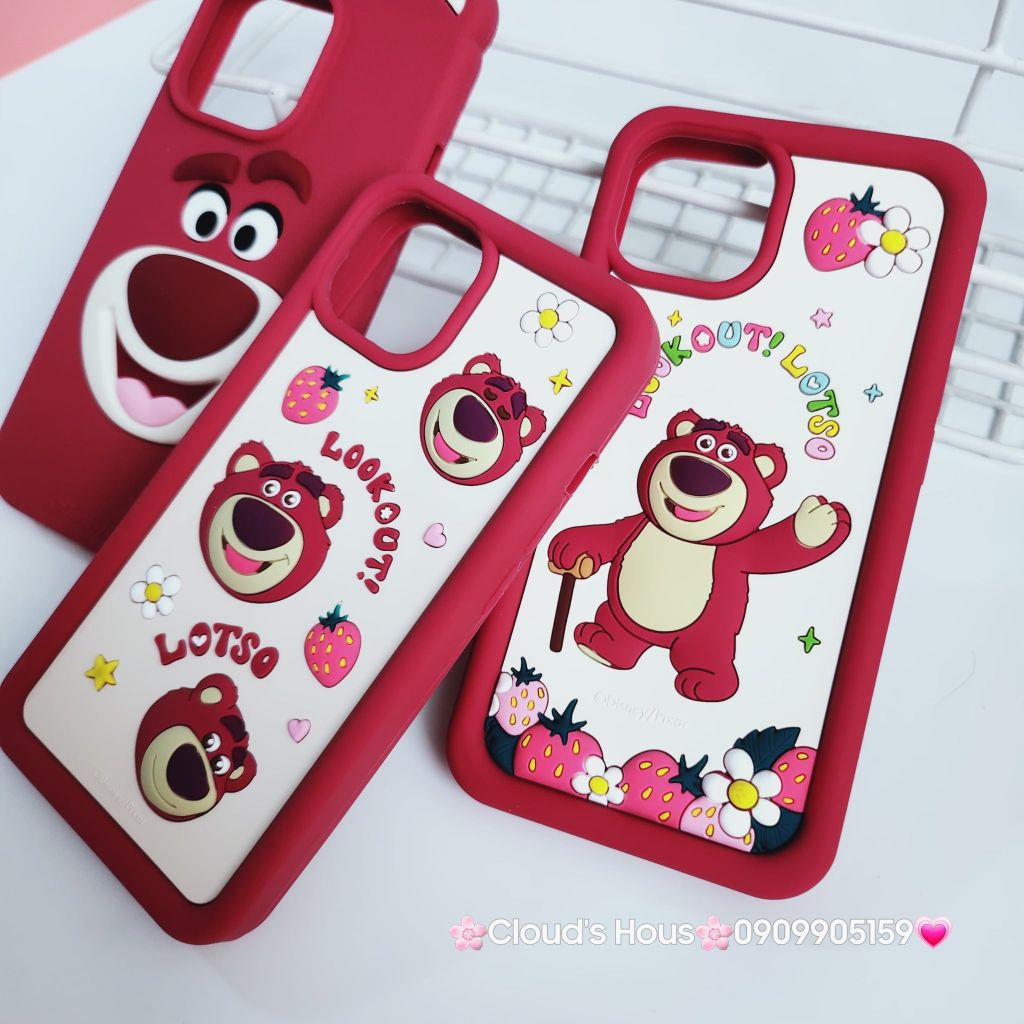 Case Ốp điện thoại iPhone Gấu dâu Lotso Su dẻo nền trắng Chính hãng Disney iPhone 12/13/14/15/Plus/Pro/Promax