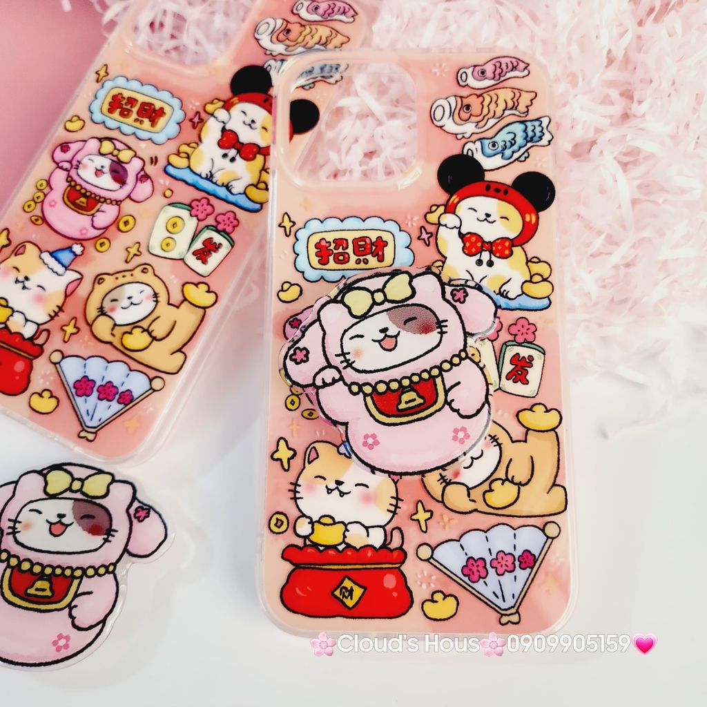 Case Ốp điện thoại iPhone Mèo May Mắn Thần Tài Túi Tiền Kèm Popsocket dán iPhone 11/12/13/14/15/Pro/Promax