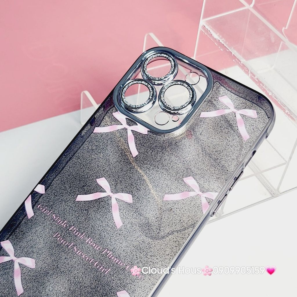 Case Ốp điện thoại iPhone Nơ Hồng nền Đen Bling Bling Cường lực Camera Đính đá iPhone 11/12/13/14/15/Pro/Promax