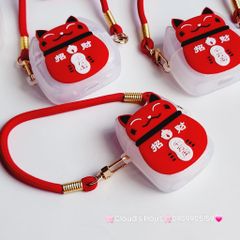 Cover Case Vỏ bảo vệ Airpod Mèo May Mắn Nhám Đỏ Có Dây Xách Airpod 1/2/3/Pro/Pro2 - TẾT