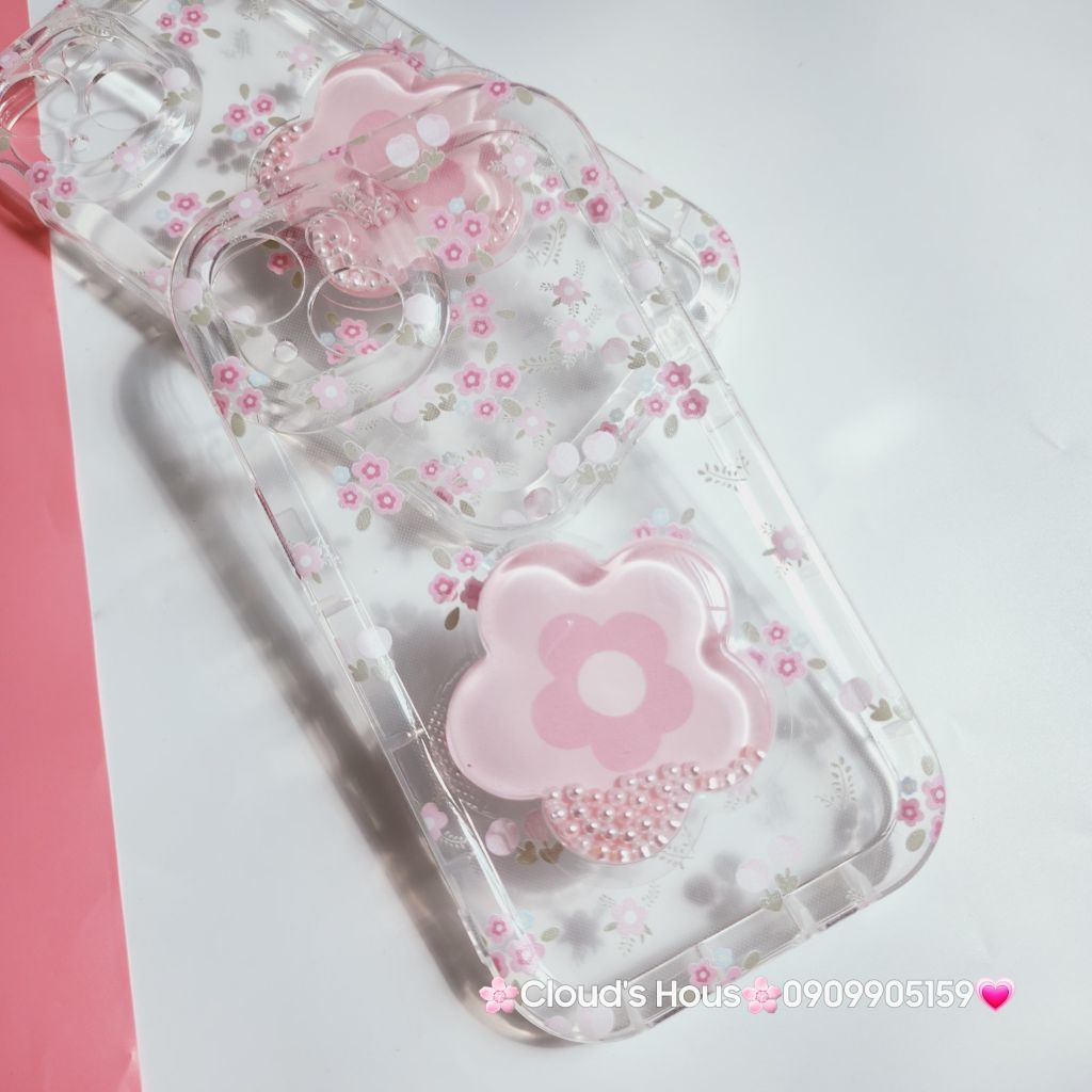 Case Phao Ốp điện thoại iPhone Trong Suốt Hoa có Popsocket IPhone 11/12/13/14/15/Pro/Promax