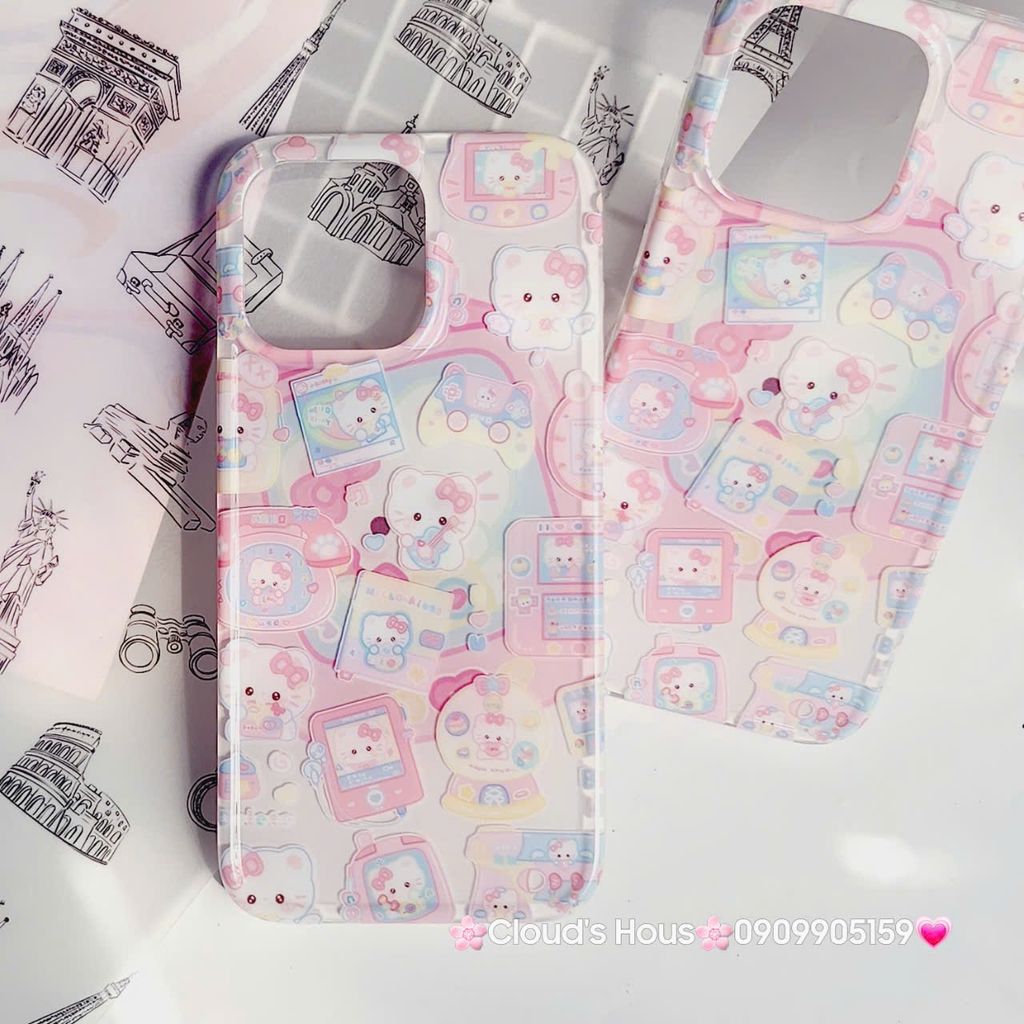 Case Ốp điện thoại iPhone Hello Kitty Nền Trắng Hồng iPhone 12/13/14/15/Pro/Promax