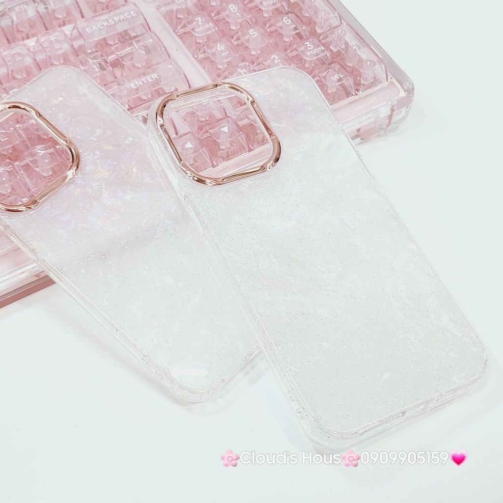 Case Ốp điện thoại iPhone Nền Trắng Ánh Xà Cừ Bling Bling Camera viền vàng Siêu Sang iPhone 12/13/14/15/16/Pro/Promax