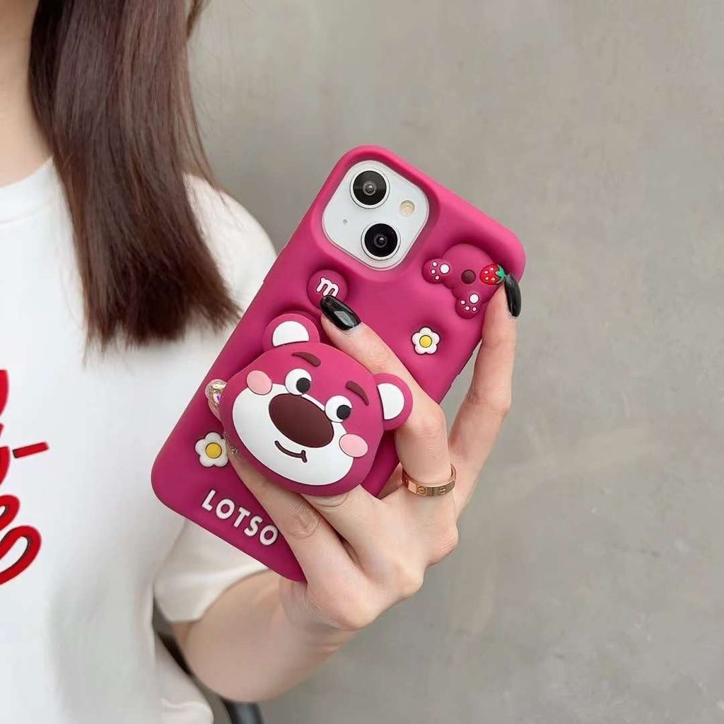 Case Ốp điện thoại iPhone Gấu Dâu Lotso Su dẻo 3D Nổi Popsocket iPhone 11/12/13/14/15/Plus/Pro/Promax