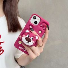 Case Ốp điện thoại iPhone Gấu Dâu Lotso Su dẻo 3D Nổi Popsocket iPhone 11/12/13/14/15/Plus/Pro/Promax