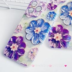 Case Ốp điện thoại iPhone Hoa Hologram nền xanh lá viền nhám bảo vệ cụm camera đính đá iPhone 11/12/13/14/15/Pro/Promax