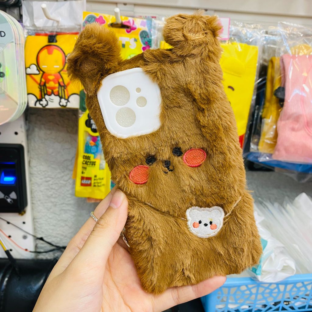 Case Ốp điện thoại iPhone Gấu Nâu Bông Lông mịn tai thỏ iPhone 7+/X/XSm/11/11Promax/12/12Pro/12Promax