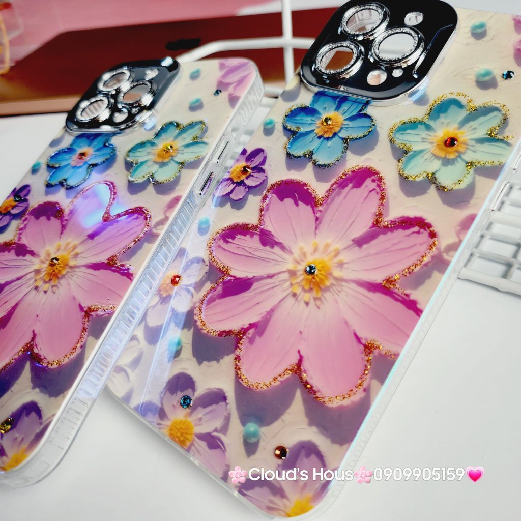 Case Ốp điện thoại iPhone Hoa To Hologram Nền Tím Viền Camera đính đá Classic iPhone 11/12/13/14/15/Pro/Plus/Promax