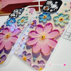 Case Ốp điện thoại iPhone Hoa To Hologram Nền Tím Viền Camera đính đá Classic iPhone 11/12/13/14/15/Pro/Plus/Promax