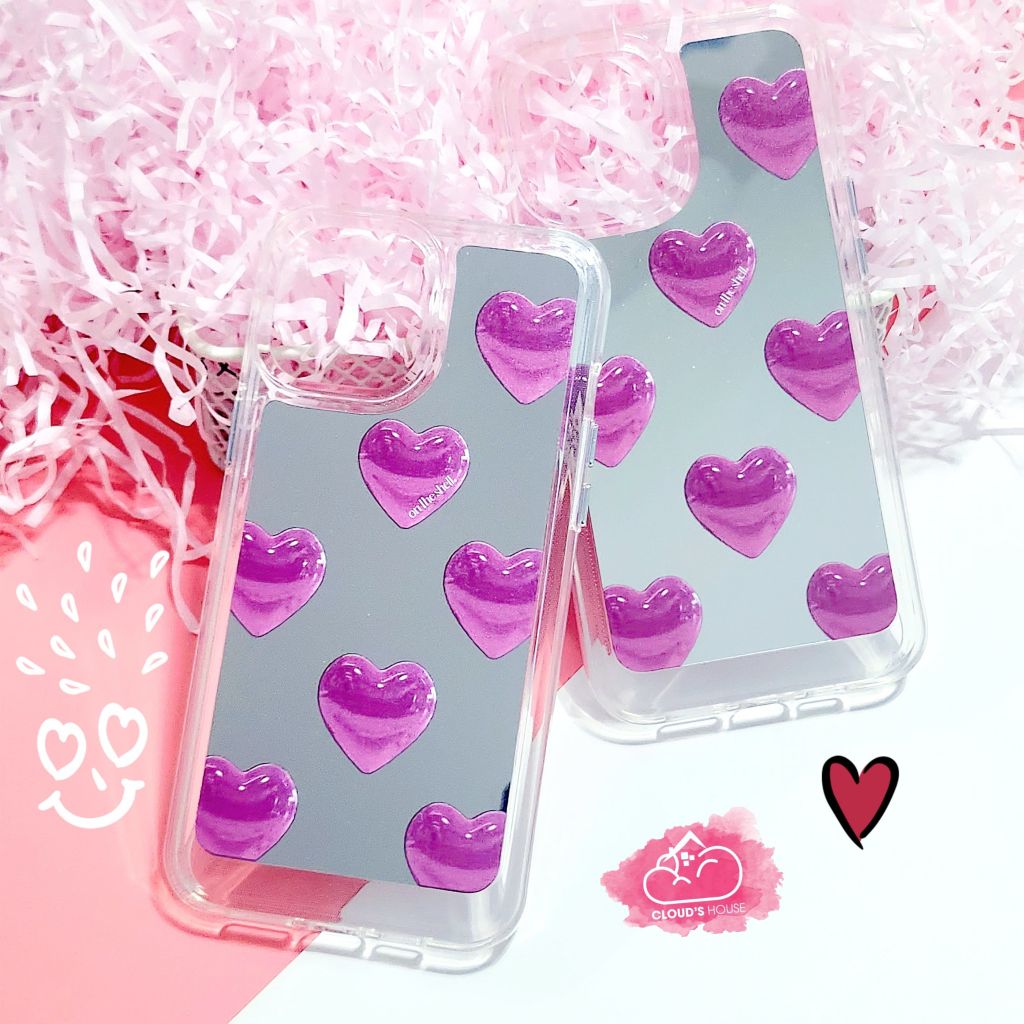 Case Ốp điện thoại iPhone Gương họa tiết Tim Hồng nút nổi iPhone 11/12/13/14/Pro/Promax