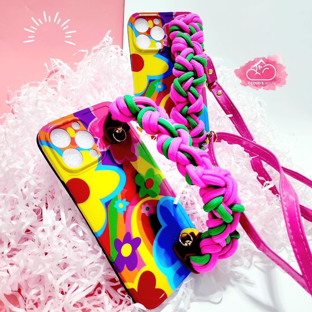 Case Ốp điện thoại iPhone Hoa sặc sỡ Dây tua rua Hồng Có dây đeo iPhone 11/12/13/14/Pro/Promax