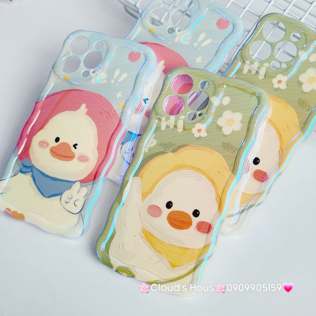 Case Ốp điện thoại iPhone Vịt Cute Đeo Yếm Hologram Viền Gợn Sóng iPhone 11/12/13/14/15/Pro/Promax
