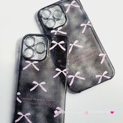 Case Ốp điện thoại iPhone Nơ Hồng nền Đen Bling Bling Cường lực Camera Đính đá iPhone 11/12/13/14/15/Pro/Promax