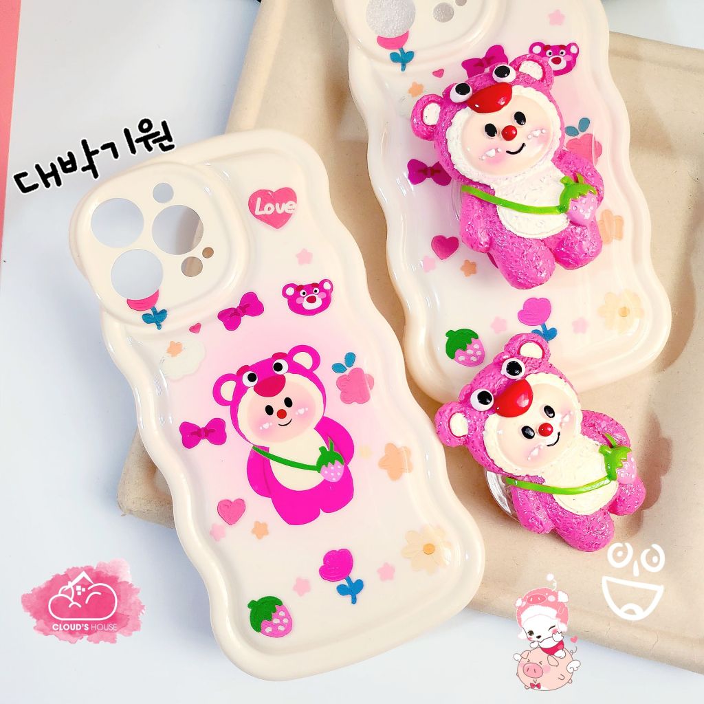 Case Ốp điện thoại iPhone Gấu dâu Lotso Chất phao Viền gợn sóng Kèm popsoket iPhone 11/12/13/14/Plus/Pro/Promax