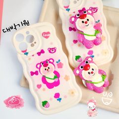 Case Ốp điện thoại iPhone Gấu dâu Lotso Chất phao Viền gợn sóng Kèm popsoket iPhone 11/12/13/14/Plus/Pro/Promax