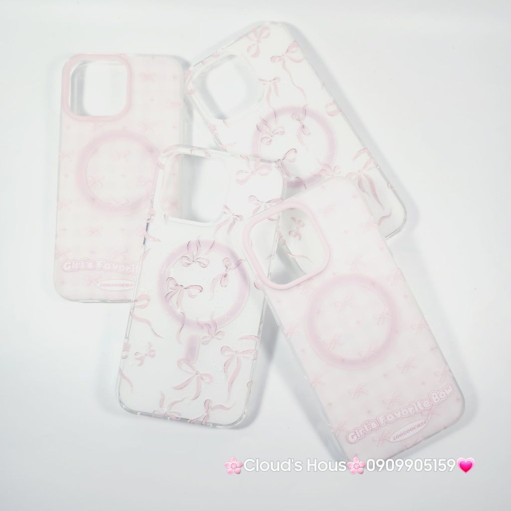 Case Ốp điện thoại iPhone Magsafe Nền Trắng Nơ Hồng PopSocket iPhone 12/13/14/15/16/Pro/Promax