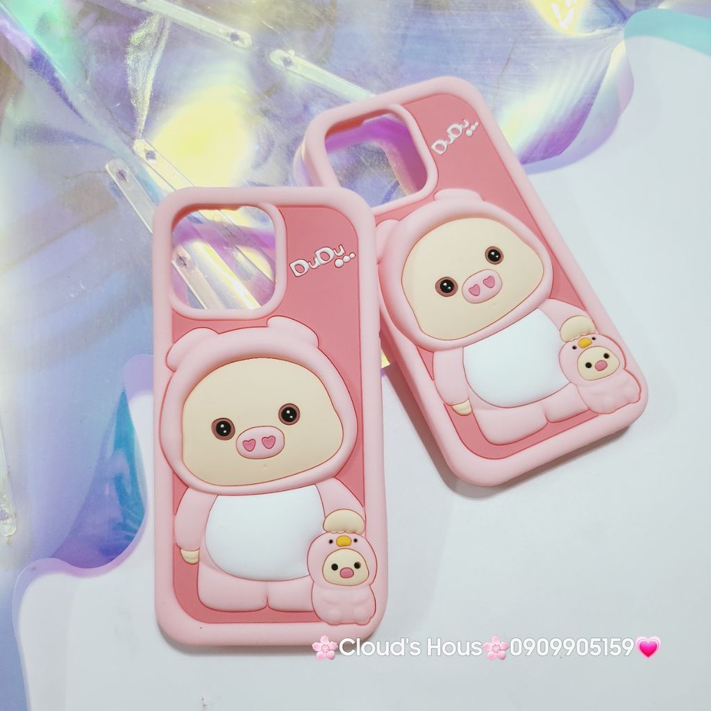 Case Ốp điện thoại iPhone Su dẻo Heo Cosplay Dudu Nền Hồng iPhone 11/12/13/14/15/Pro/Promax