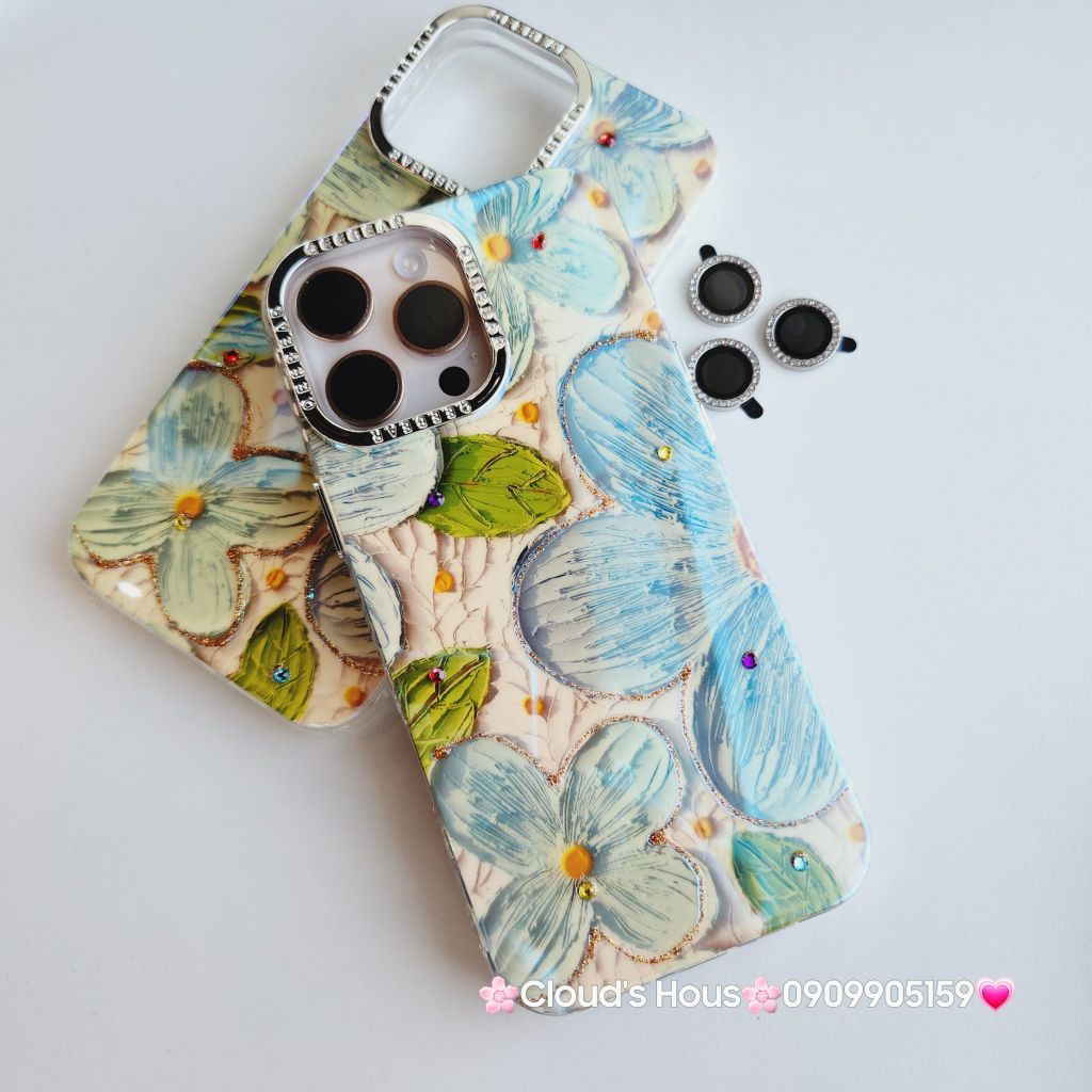 Case Ốp điện thoại iPhone Hoa Xanh To Hologram Nền Vàng iPhone 12/13/14/15/16Pro/Promax