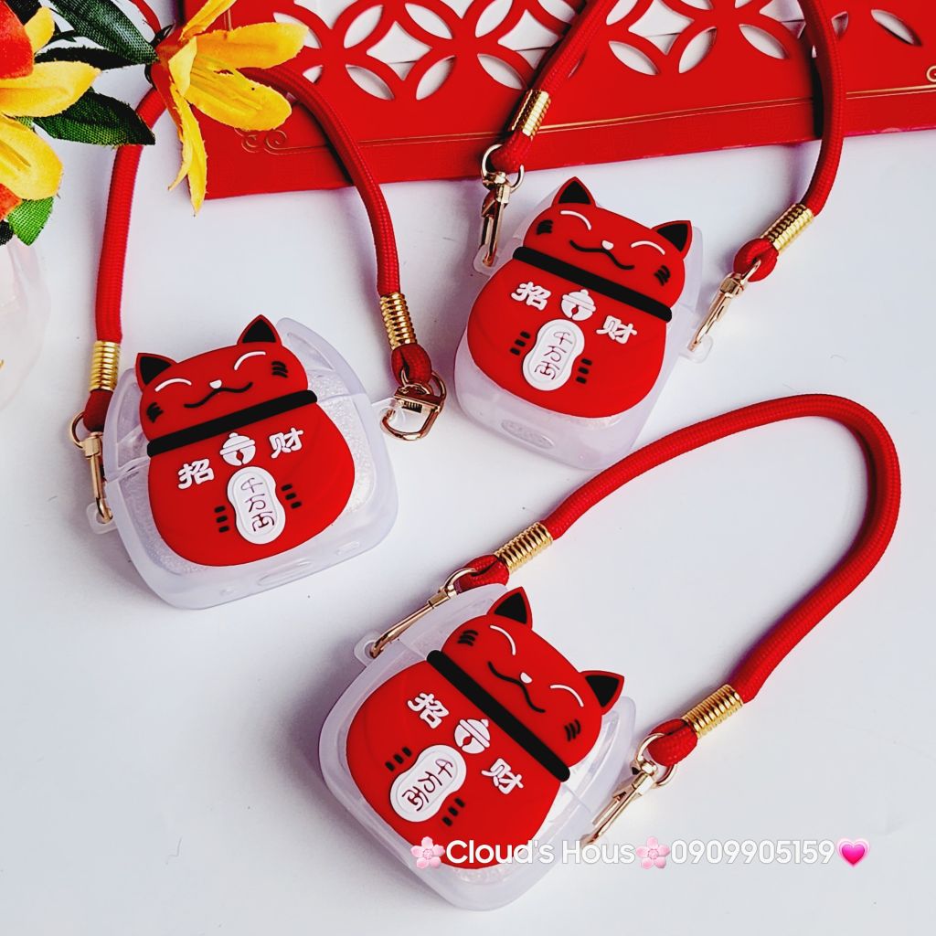 Cover Case Vỏ bảo vệ Airpod Mèo May Mắn Nhám Đỏ Có Dây Xách Airpod 1/2/3/Pro/Pro2 - TẾT