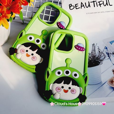 Case Ốp điện thoại iPhone Su dẻo Bé Gái Hai Chùm Alien Xanh lá iPhone 11/12/13/14/15/Pro/Promax