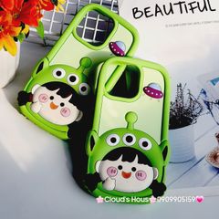 Case Ốp điện thoại iPhone Su dẻo Bé Gái Hai Chùm Alien Xanh lá iPhone 11/12/13/14/15/Pro/Promax