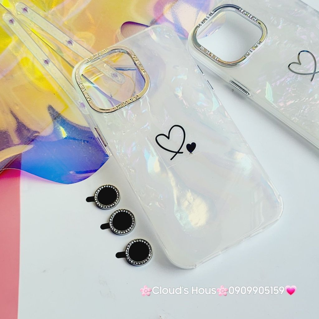 Case Ốp điện thoại iPhone Trái Tim Nền Trắng Ánh Xà Cừ kèm bảo vệ camera đính đá iPhone 11/12/13/14/15/Pro/Promax