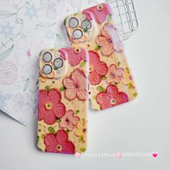 Case Ốp điện thoại iPhone Hoa Hologram nền vàng hoa đỏ viền nhám bảo vệ cụm camera đính đá iPhone 11/12/13/14/15/Pro/Promax