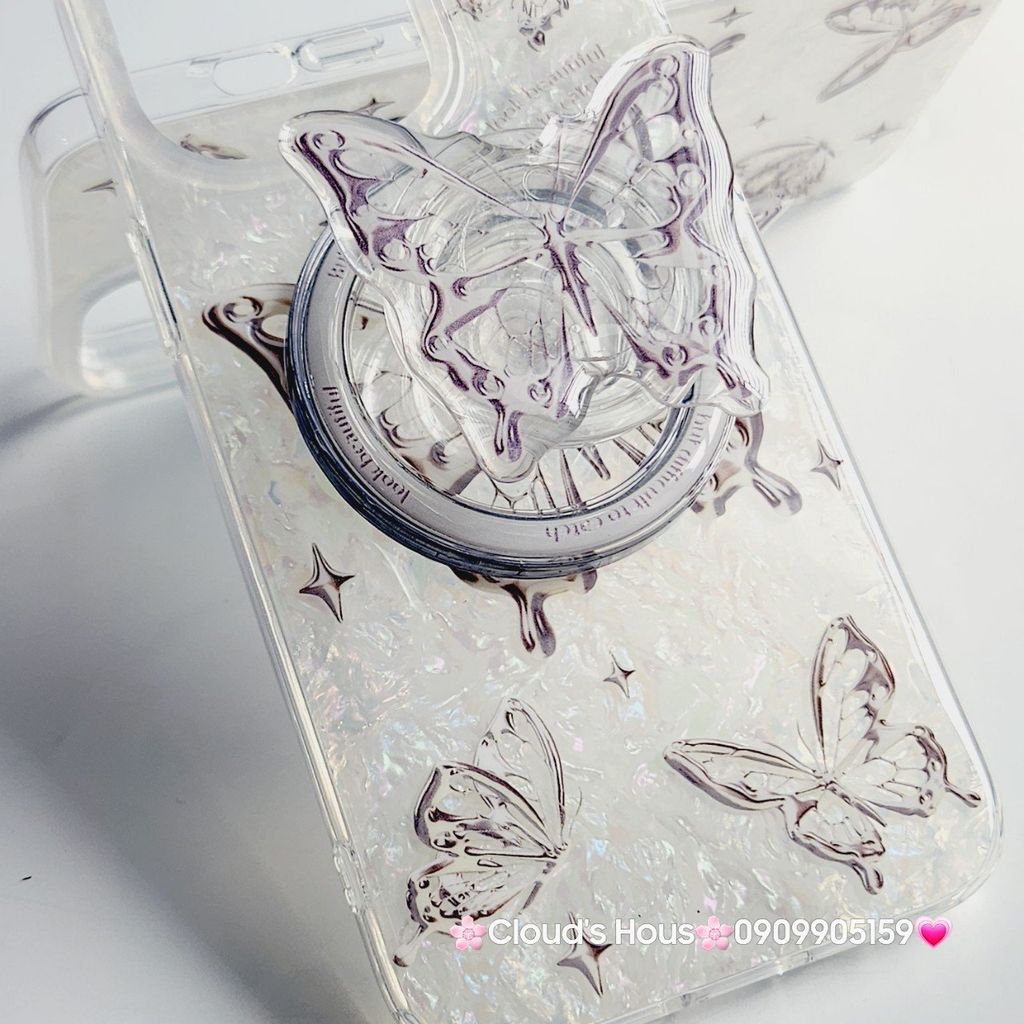 Case Ốp điện thoại iPhone Magsafe Bướm Đen Ánh Xà Cừ Trắng Kèm Popsocket Nam Châm iPhone 11/12/13/14/15/Pro/Promax