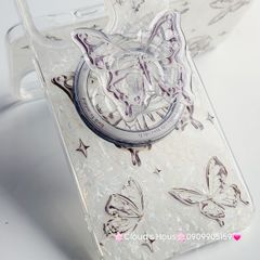 Case Ốp điện thoại iPhone Magsafe Bướm Đen Ánh Xà Cừ Trắng Kèm Popsocket Nam Châm iPhone 11/12/13/14/15/Pro/Promax