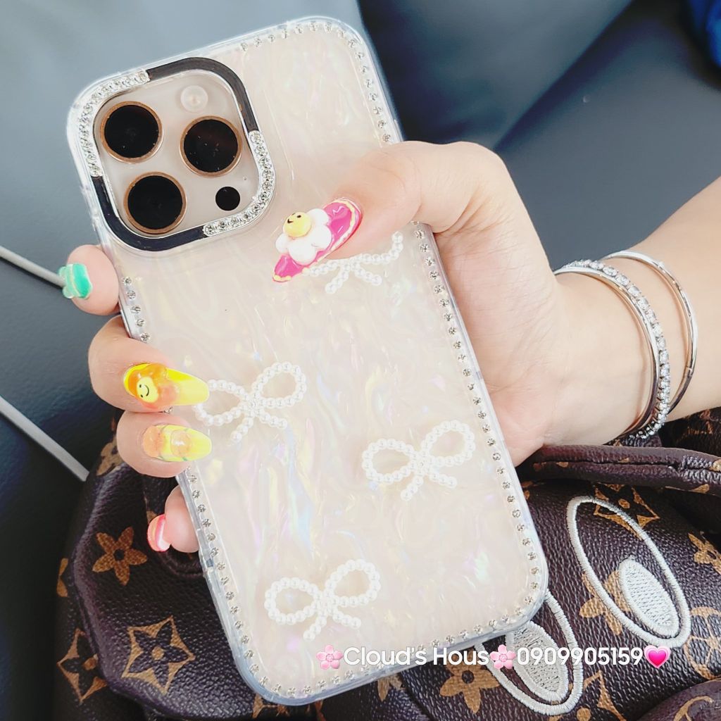 Case Ốp điện thoại iPhone Nơ Trắng Trong Ánh Xà Cừ Đính Đá Case iPhone 12/13/14/15/16/Pro/Promax