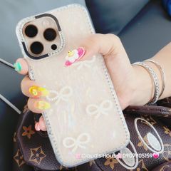 Case Ốp điện thoại iPhone Nơ Trắng Trong Ánh Xà Cừ Đính Đá Case iPhone 12/13/14/15/16/Pro/Promax