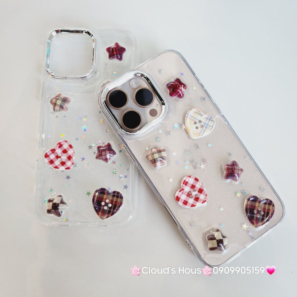 Case Ốp điện thoại iPhone Trong Icon Nổi Trái Tim Ngôi Sao Bling Bling Case iPhone 12/13/14/15/16/Pro/Promax