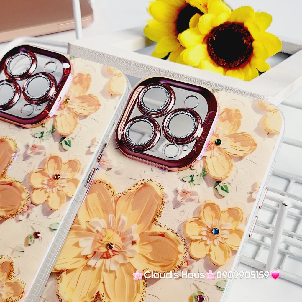 Case Ốp điện thoại iPhone Hoa To Hologram Nền Vàng Viền Camera đính đá Classic 11/12/13/14/15/Pro/Plus/Promax